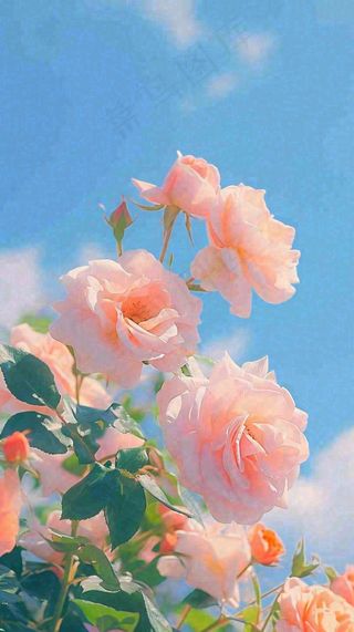 春天蓝天白云阳光下的浪漫粉色玫瑰枝叶绿叶