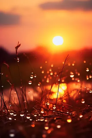 落日枝叶露珠意境晚霞背景