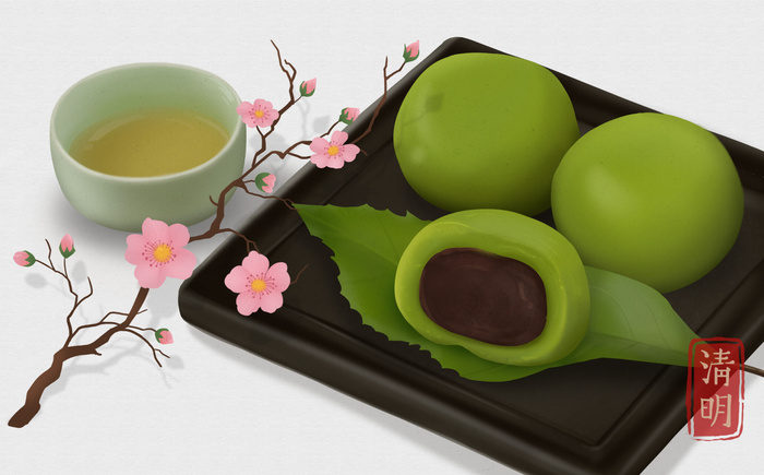 清新风清明节旅游踏青青团春天手绘插画春季海报psd设计素材背景