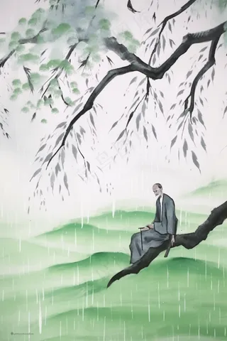 中国风水墨画雨天插画