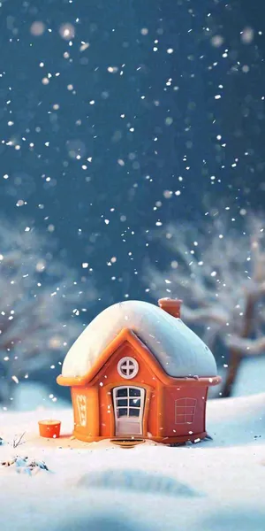 冬天红色雪屋雪地雪花，卡通可爱