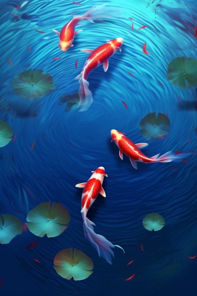 简约蓝色荷叶金鱼节气海报背景(896x1344)