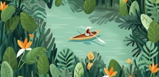 卡通插画湖面植物划船游湖背景