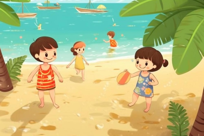 夏日沙滩儿童游玩插画背景(1344x896)