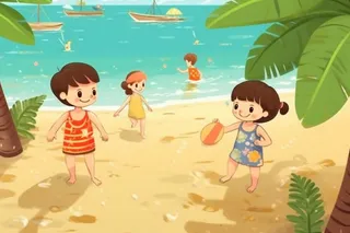 夏日沙滩儿童游玩插画背景