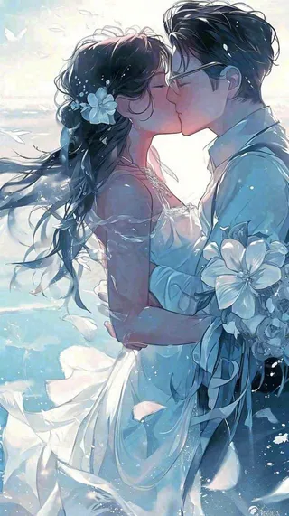 海边阳光沙滩情侣婚纱照爱情甜蜜情人节手绘插画