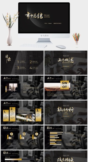 黑金商务风年中总结PPT模板预览图
