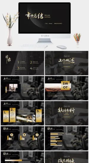 黑金商务风年中总结PPT模板预览图