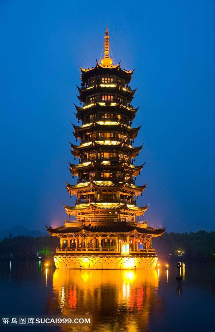 桂林两江四湖日月塔夜景素材