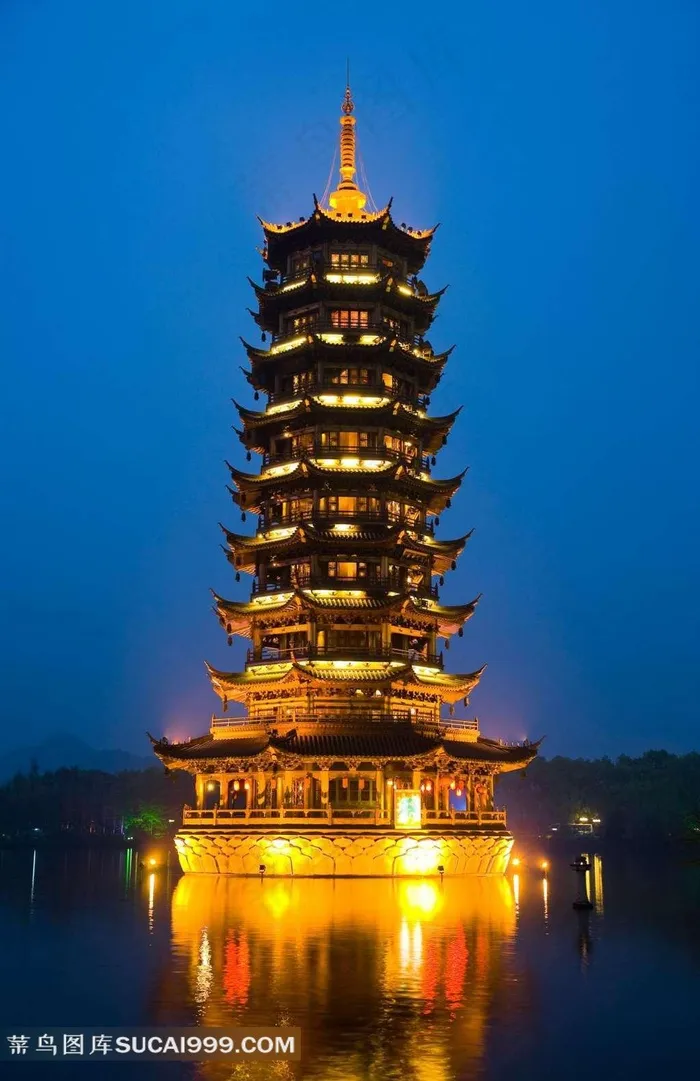 桂林两江四湖日月塔夜景素材