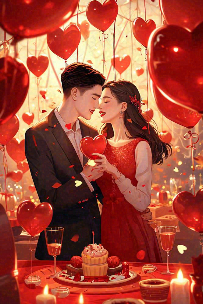情人节爱心浪漫情侣晚餐生日蛋糕插画手绘