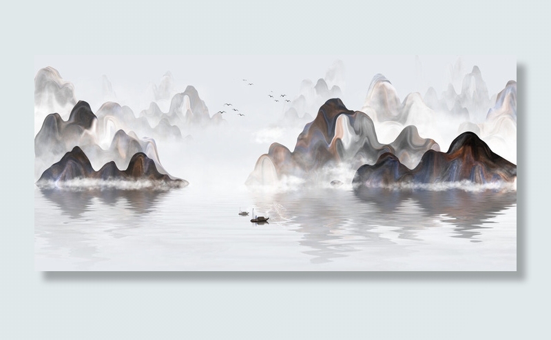 渔船山川风景绘画PSD素材psd模版下载