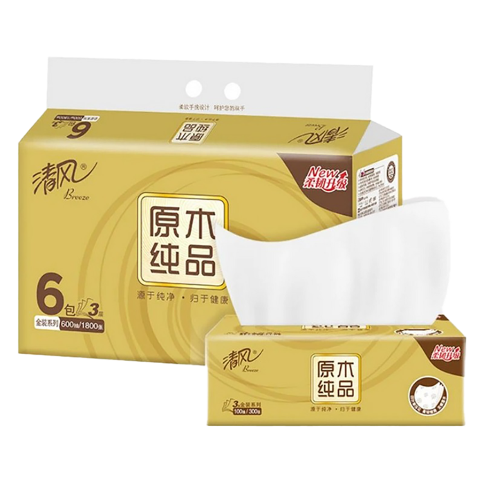 清风原木金装3层100抽抽纸6包超市商品白底图免抠实物摄影png格式图片透明底