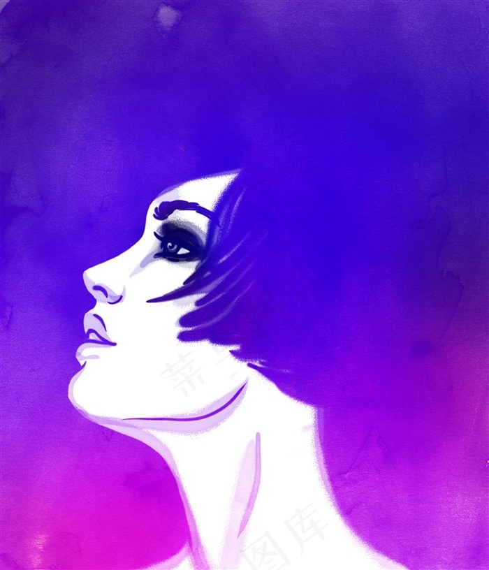 蓝色渐变水墨手绘女性高清图片