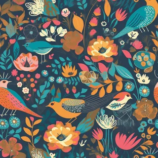 花鸟图，插画风格，无缝贴图，素材