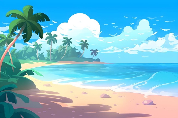 海边度假沙滩椰树冲浪天空插画背景(3600x2400)