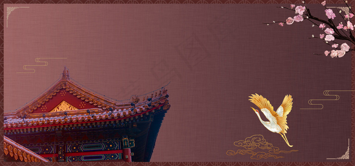 手绘国潮风展板梅花迎春背景(1920x900)psd模版下载