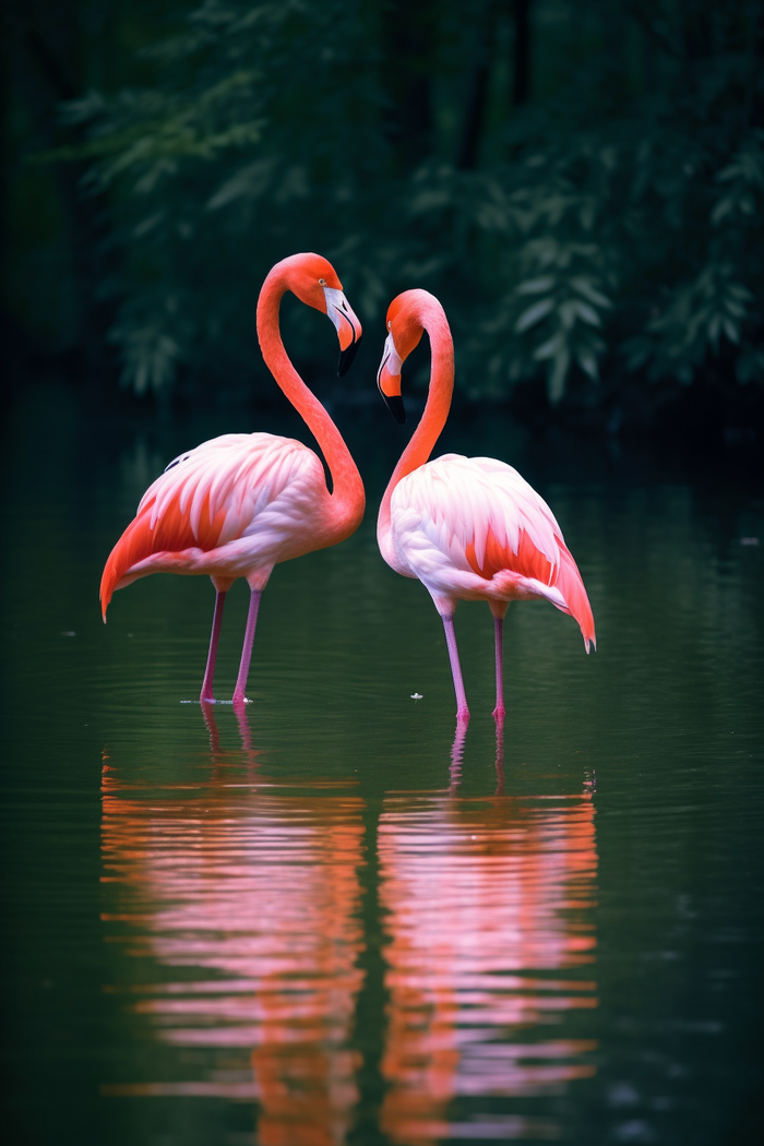 一对火烈鸟在活力觅食摄影图