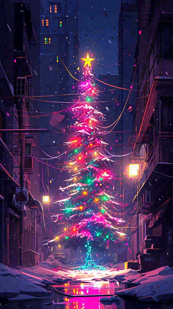 炫酷圣诞彩色缤纷圣诞树节日，夜晚街道建筑，暗黑