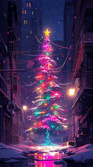 炫酷圣诞彩色缤纷圣诞树节日，夜晚街道建筑，暗黑