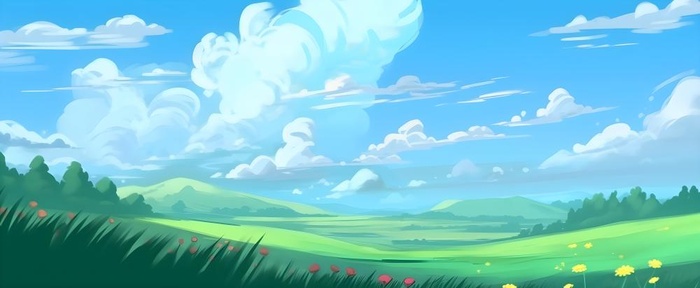 春天蓝天白云草原绿色树草地手绘插画海报素材背景(6848x2816)