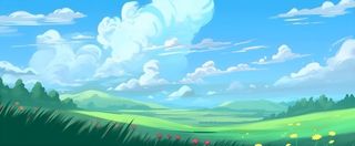 春天蓝天白云草原绿色树草地手绘插画海报素材背景