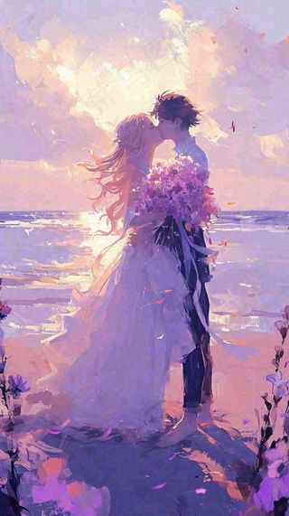 海边爱情情侣浪漫拥抱接吻，情人节婚纱照手绘插画