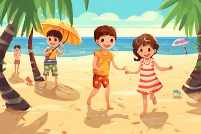 夏日沙滩儿童游玩插画背景(1344x896)