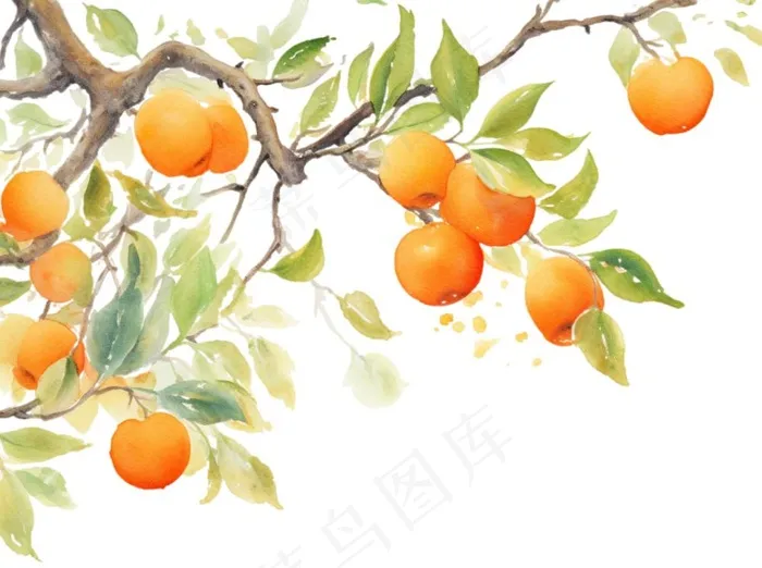 秋 柿子树水彩画插画免抠(1264x944)