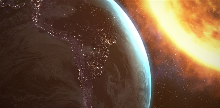 宇宙中的地球和金色太阳合成图片高清图片