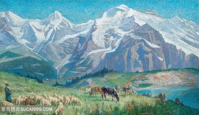 高山草原羊群风景油画图片