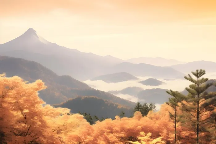落日秋天树叶黄色山脉意境背景(3600x2400)