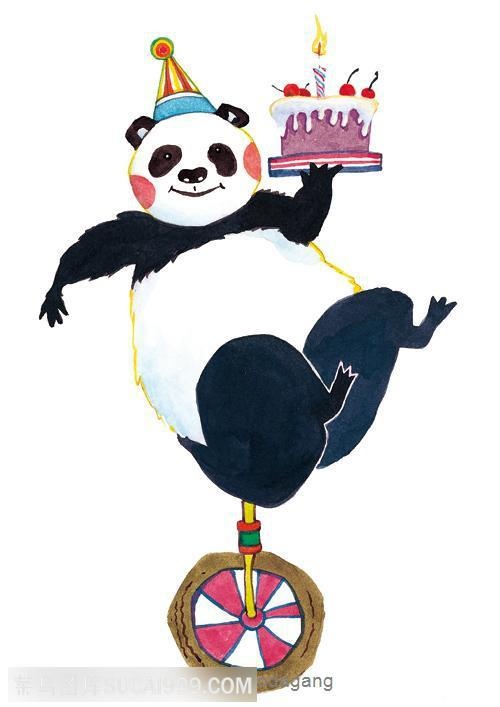 骑在独轮车拿着生日蛋糕的杂技熊猫