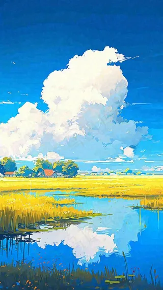 大自然湖面小溪草坪村庄蓝天白云，春天清新阳光