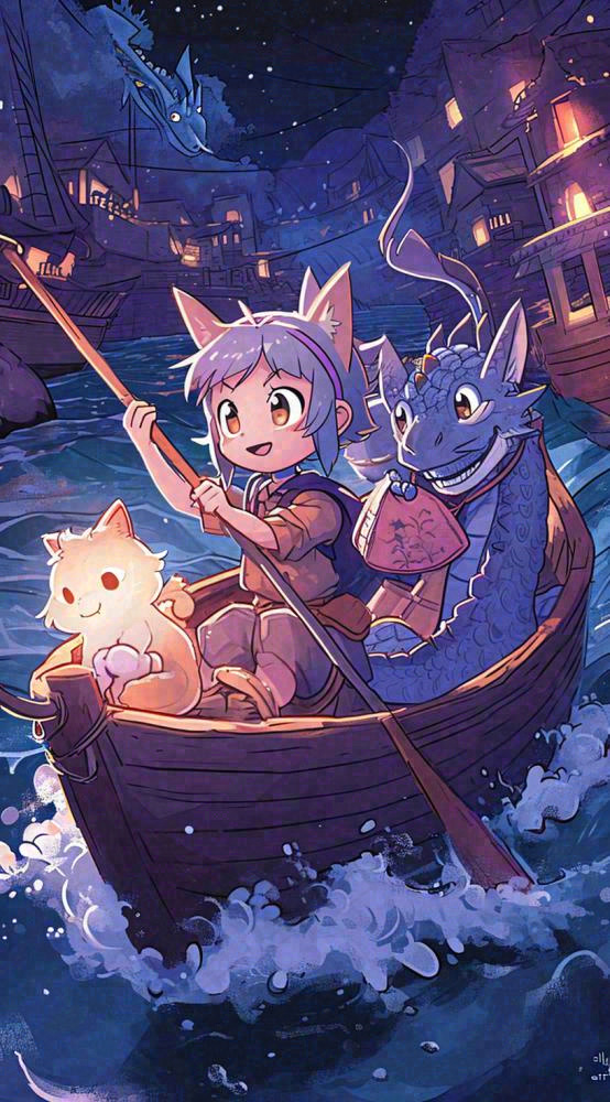 创意卡通古风河面人物游船，夜晚龙灯笼光照，海浪水面(816x1472)