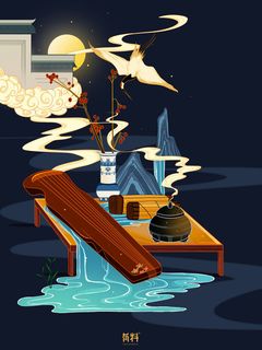 复古民国风国潮古风山水风筝乐器手绘插画PSD海报设计素材