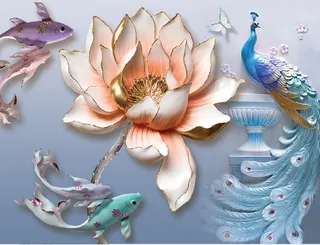 雕塑荷花孔雀鲤鱼背景墙