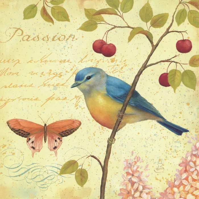 树枝樱桃鸟儿油画