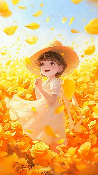 秋天温馨秋叶可爱少女插画，秋分小麦