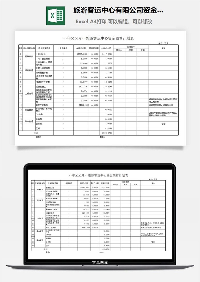 旅游客运中心有限公司资金预算计划表excel模板