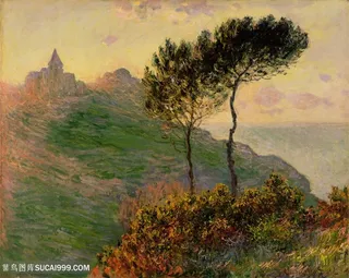 印象派莫奈山崖上的树油画图片