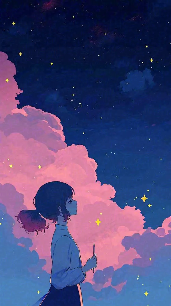 闪烁夜晚浪漫少女仰望星空粉紫色，银河月亮(816x1456)