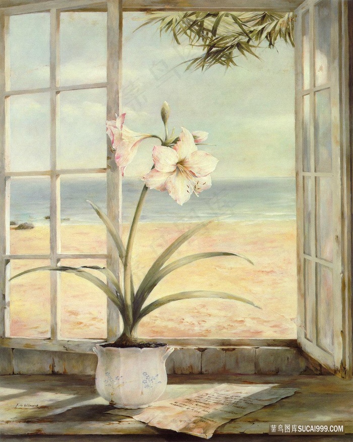 海景窗外兰花高清油画
