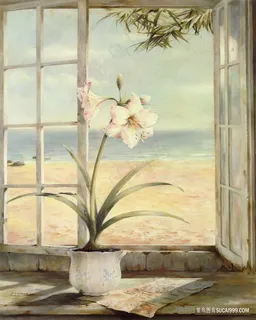 海景窗外兰花高清油画