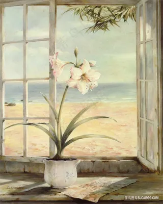 海景窗外兰花高清油画