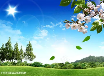 蓝天白云草地风景画韩式自然背景 蓝天白云草地风景画韩式自然背景