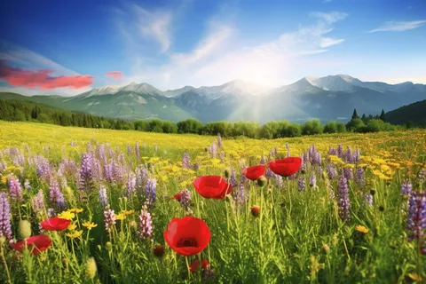 春天高原上的草丛里开满了鲜花摄影图 