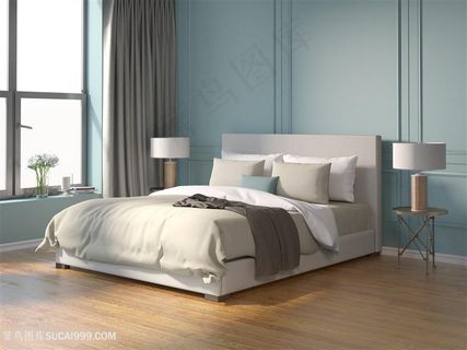 淡雅大气蓝色主题卧室高清摄影装修图片