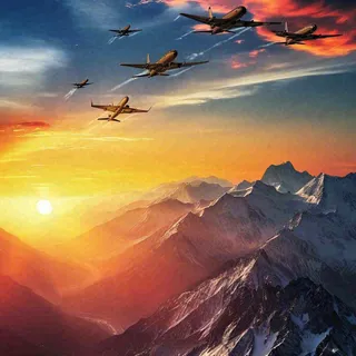 落日下的连绵山脉，飞机战斗机，冰川云海