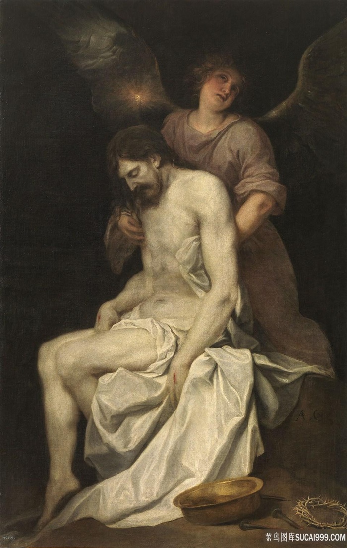 卡诺，阿隆索，基督，死了，由一个天使支撑油画